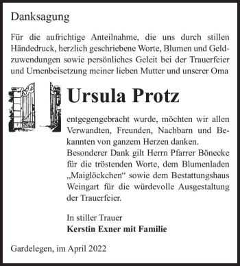 Traueranzeige von Ursula Protz  von Magdeburger Volksstimme