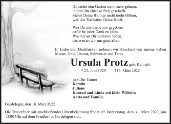 Traueranzeige von Ursula Protz (geb. Kamieth)  von Magdeburger Volksstimme