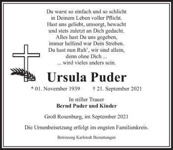 Traueranzeige von Ursula Puder  von Magdeburger Volksstimme