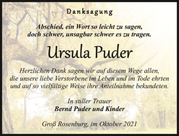 Traueranzeige von Ursula Puder  von Magdeburger Volksstimme