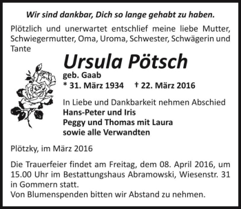 Traueranzeige von Ursula Pötsch (geb. Gaab)  von Magdeburger Volksstimme