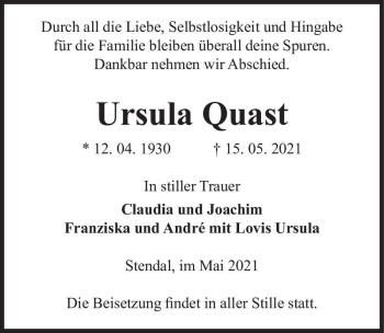 Traueranzeige von Ursula Quast  von Magdeburger Volksstimme