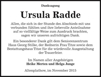 Traueranzeige von Ursula Radde  von Magdeburger Volksstimme