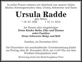 Traueranzeige von Ursula Radde (geb. Weber)  von Magdeburger Volksstimme