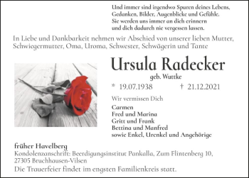 Traueranzeige von Ursula Radecker (geb. Wuttke)  von Magdeburger Volksstimme
