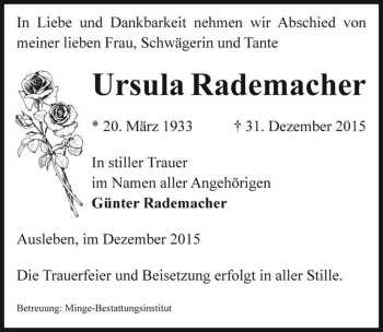 Traueranzeige von Ursula Rademacher  von Magdeburger Volksstimme