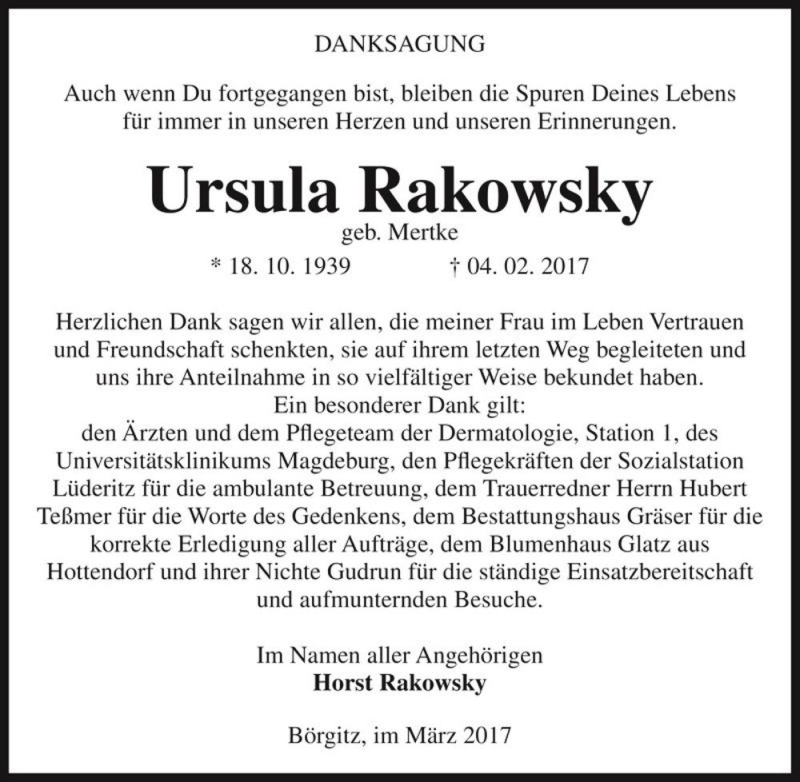  Traueranzeige für Ursula Rakowsky (geb. Mertke)  vom 09.03.2017 aus Magdeburger Volksstimme