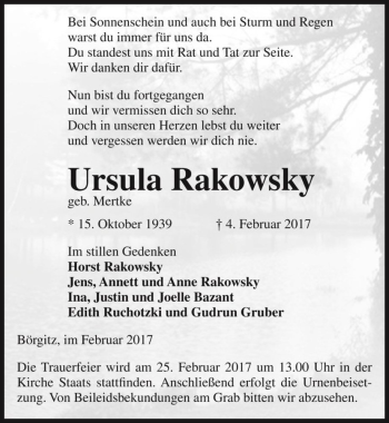 Traueranzeige von Ursula Rakowsky (geb. Mertke)  von Magdeburger Volksstimme