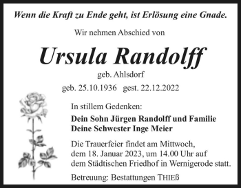 Traueranzeige von Ursula Randolff (geb. Ahlsdorf)  von Magdeburger Volksstimme