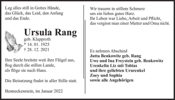 Traueranzeige von Ursula Rang (geb. Klapproth)  von Magdeburger Volksstimme