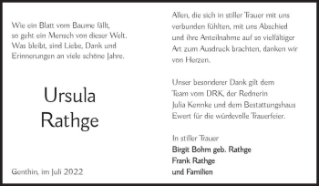 Traueranzeige von Ursula Rathge  von Magdeburger Volksstimme