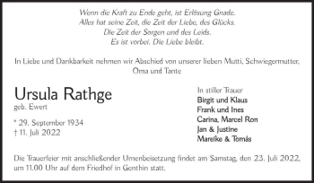 Traueranzeige von Ursula Rathge (geb. Ewert)  von Magdeburger Volksstimme
