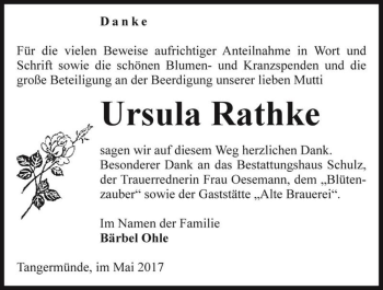 Traueranzeige von Ursula Rathke  von Magdeburger Volksstimme