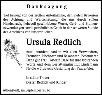 Traueranzeige von Ursula Redlich  von Magdeburger Volksstimme