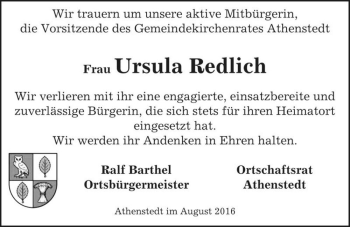 Traueranzeige von Ursula Redlich  von Magdeburger Volksstimme