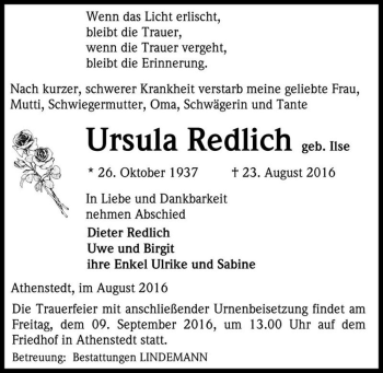 Traueranzeige von Ursula Redlich (geb. Ilse)  von Magdeburger Volksstimme