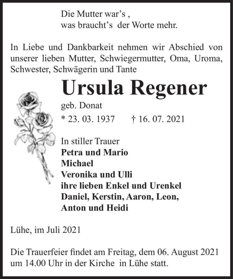  Traueranzeige für Ursula Regener (geb. Donat)  vom 31.07.2021 aus Magdeburger Volksstimme