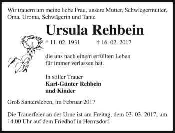 Traueranzeige von Ursula Rehbein  von Magdeburger Volksstimme