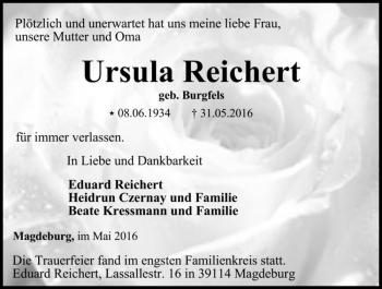 Traueranzeige von Ursula Reichert (geb. Burgfels)  von Magdeburger Volksstimme