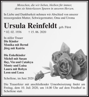 Traueranzeige von Ursula Reinfeldt (geb. Fürst)  von Magdeburger Volksstimme
