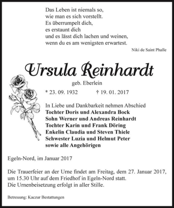Traueranzeige von Ursula Reinhardt (geb. Eberlein)  von Magdeburger Volksstimme