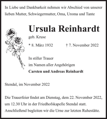 Traueranzeige von Ursula Reinhardt (geb. Kruse)  von Magdeburger Volksstimme
