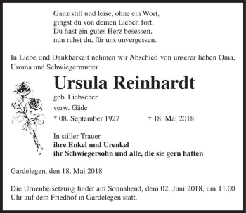 Traueranzeige von Ursula Reinhardt ( geb. Liebscher, verw. Gäde)  von Magdeburger Volksstimme