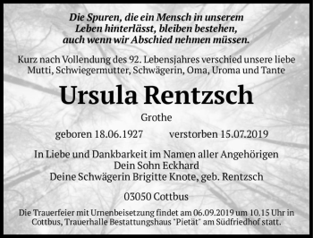Traueranzeige von Ursula Rentzsch (Grothe)  von Magdeburger Volksstimme