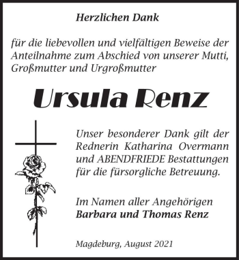 Traueranzeige von Ursula Renz  von Magdeburger Volksstimme