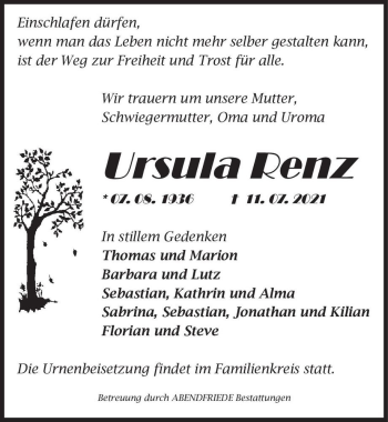 Traueranzeige von Ursula Renz  von Magdeburger Volksstimme