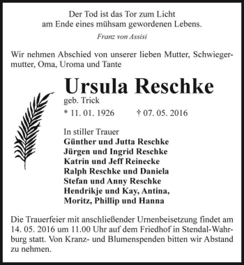 Traueranzeige von Ursula Reschke (geb. Trick)  von Magdeburger Volksstimme