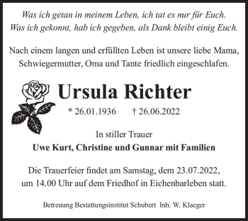 Traueranzeige von Ursula Richter  von Magdeburger Volksstimme