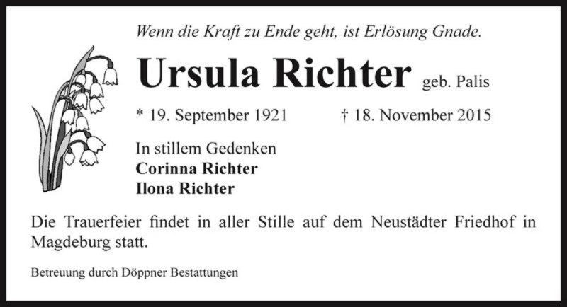  Traueranzeige für Ursula Richter (geb. Palis)  vom 21.11.2015 aus Magdeburger Volksstimme