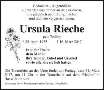 Traueranzeige von Ursula Rieche (geb. Wollny)  von Magdeburger Volksstimme