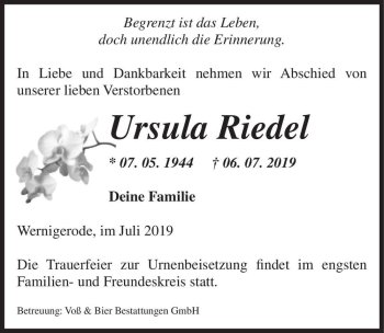 Traueranzeige von Ursula Riedel  von Magdeburger Volksstimme