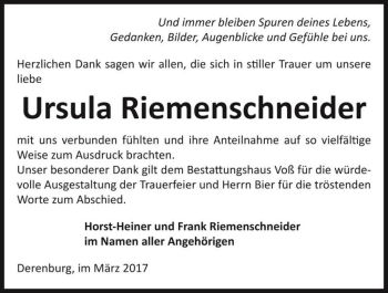 Traueranzeige von Ursula Riemenschneider  von Magdeburger Volksstimme