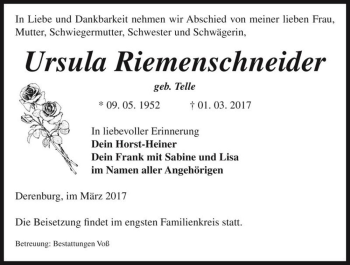 Traueranzeige von Ursula Riemenschneider (geb. Telle)  von Magdeburger Volksstimme