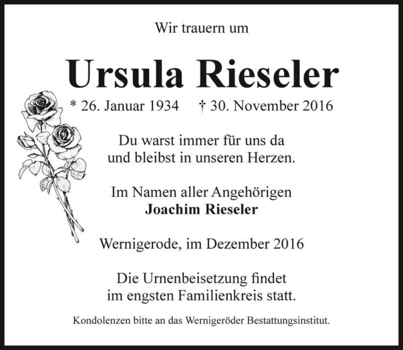 Traueranzeige für Ursula Rieseler  vom 05.12.2016 aus Magdeburger Volksstimme