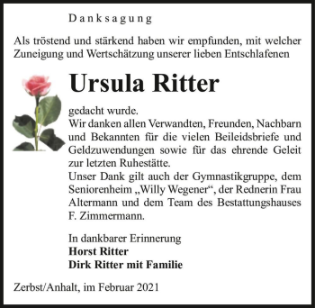 Traueranzeige von Ursula Ritter  von Magdeburger Volksstimme