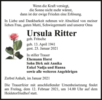 Traueranzeige von Ursula Ritter (geb. Fritsche)  von Magdeburger Volksstimme