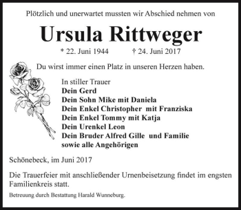 Traueranzeige von Ursula Rittweger  von Magdeburger Volksstimme