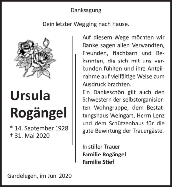 Traueranzeige von Ursula Rogängel  von Magdeburger Volksstimme