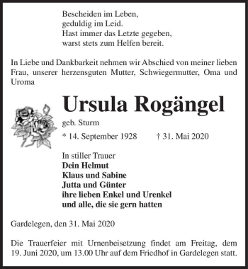 Traueranzeige von Ursula Rogängel (geb. Sturm)  von Magdeburger Volksstimme
