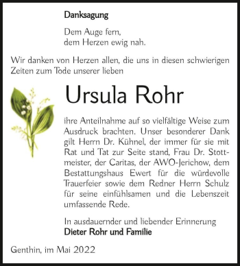 Traueranzeige von Ursula Rohr  von Magdeburger Volksstimme