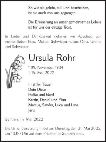 Traueranzeige von Ursula Rohr  von Magdeburger Volksstimme