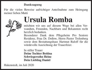 Traueranzeige von Ursula Romba  von Magdeburger Volksstimme