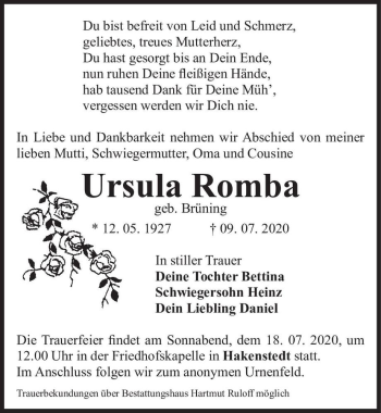 Traueranzeige von Ursula Romba (geb. Brüning)  von Magdeburger Volksstimme