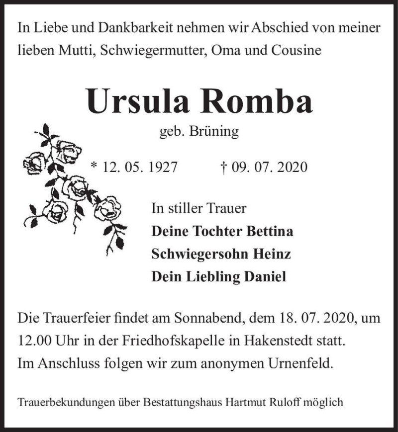  Traueranzeige für Ursula Romba (geb. Brüning)  vom 11.07.2020 aus Magdeburger Volksstimme