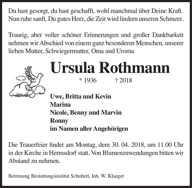  Traueranzeige für Ursula Rothmann  vom 21.04.2018 aus Magdeburger Volksstimme