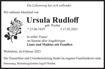 Traueranzeige von Ursula Rudloff (geb. Pocher)  von Magdeburger Volksstimme